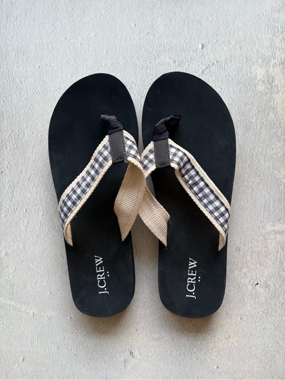 J. Crew Black Flip-Flop Sandals with Beige and Navy Gingham Straps